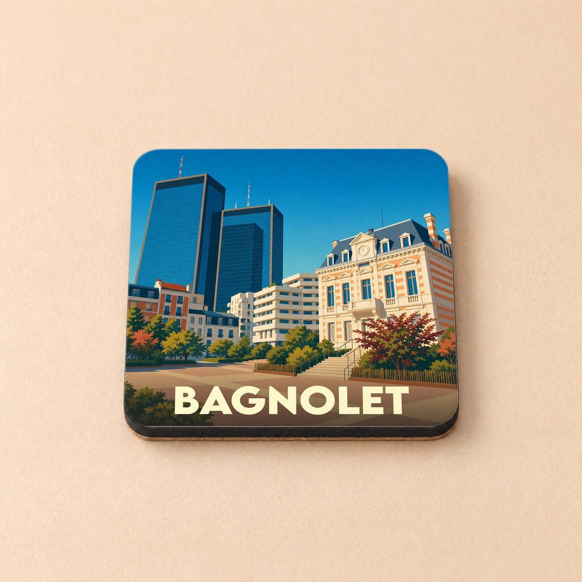 Dessous de verre souvenir de la ville de Bagnolet avec une illustration stylisée mêlant architecture moderne et traditionnelle.