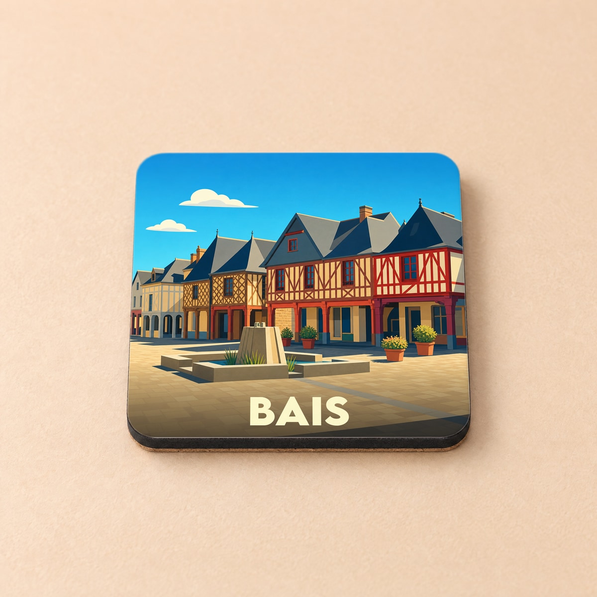 Dessous de verre souvenir de la ville de Bais avec une illustration stylisée de maisons à colombages et d'une fontaine.