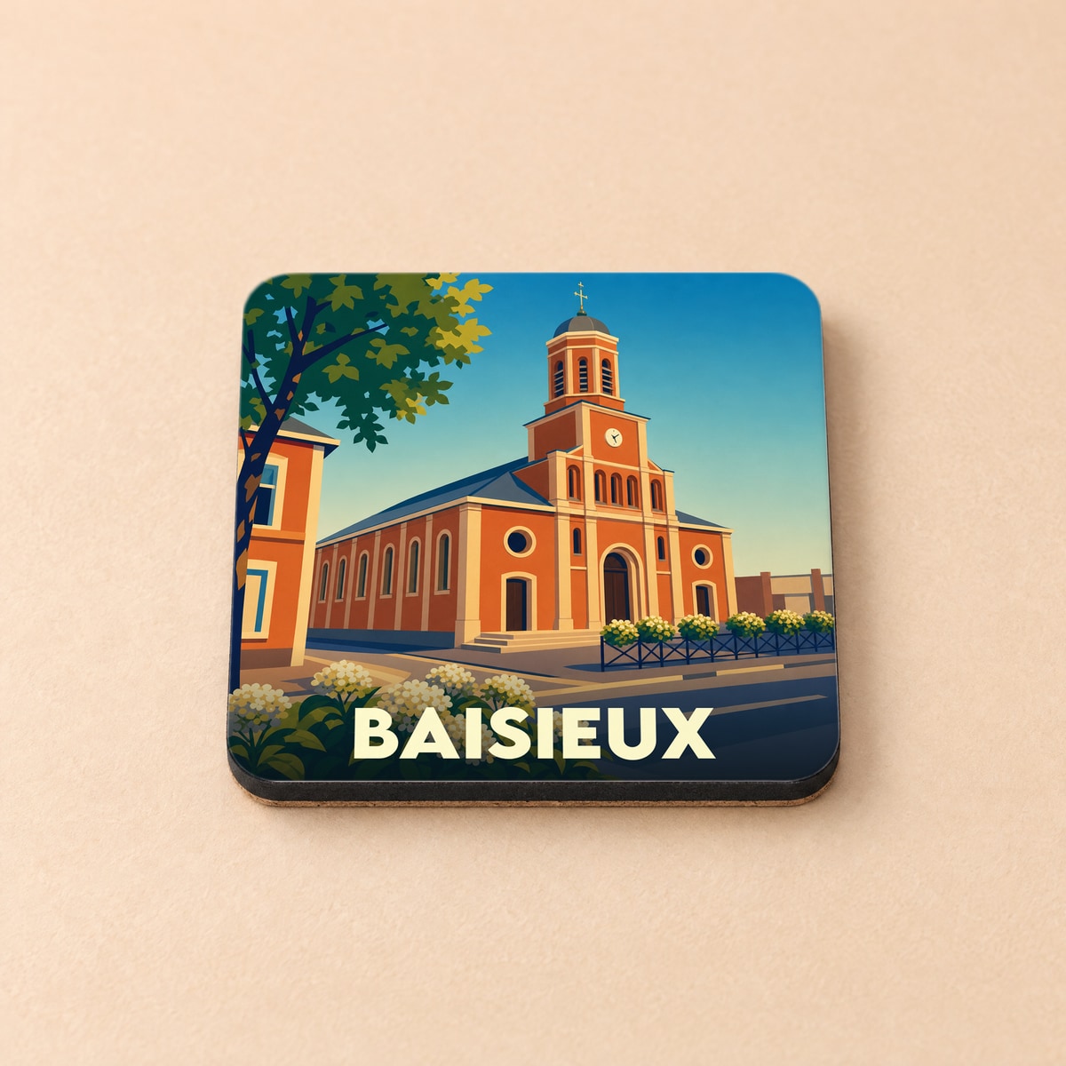 Dessous de verre souvenir de la ville de Baisieux orné d'une illustration stylisée de son église.