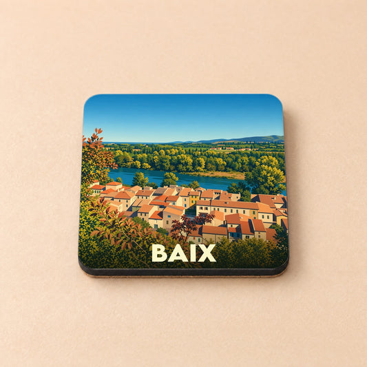 Dessous de verre souvenir de la ville de Baix avec une illustration stylisée d'un paysage provençal.