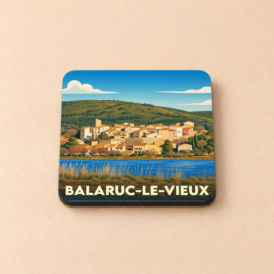Dessous de verre souvenir de la ville de Balaruc-le-Vieux avec une illustration stylisée.
