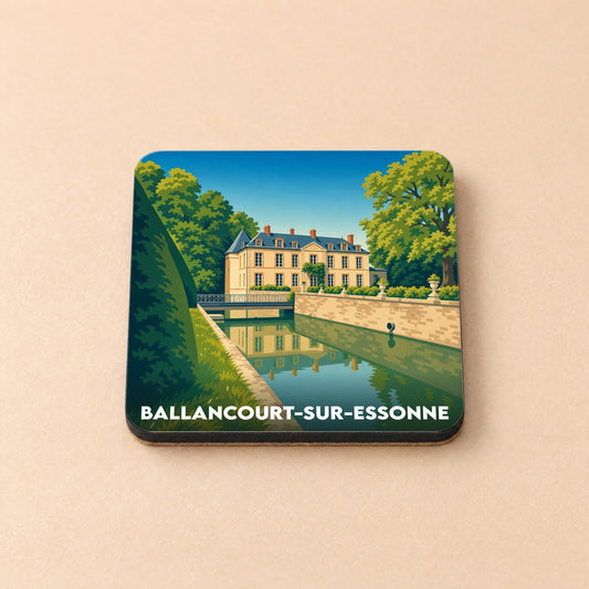 Dessous de verre souvenir de la ville de Ballancourt-sur-Essonne avec une illustration stylisée du château et de son canal.