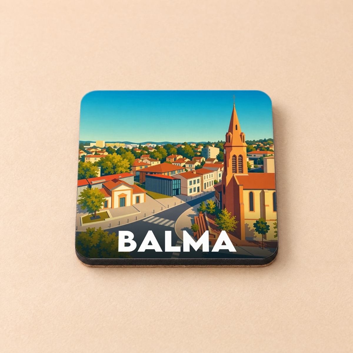 Dessous de verre souvenir de la ville de Balma avec une illustration stylisée et colorée de son paysage urbain.