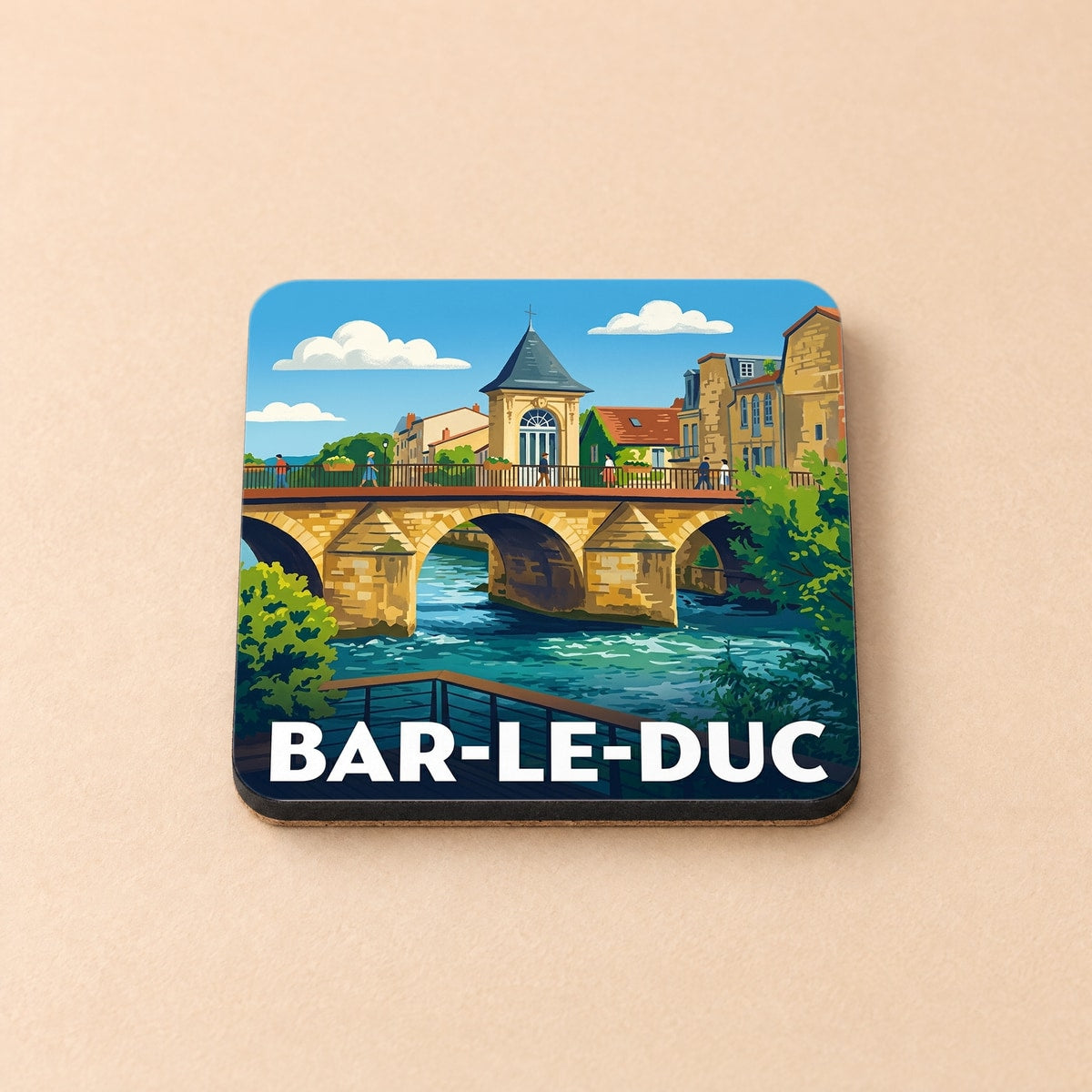 Dessous de verre souvenir de la ville de Bar-le-Duc avec une illustration stylisée du pont et de son oratoire.
