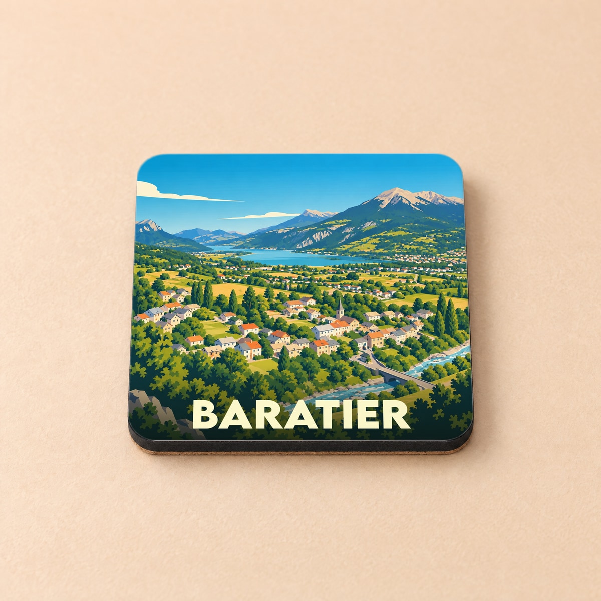 Dessous de verre souvenir de la ville de Baratier avec une illustration stylisée de paysages montagneux.
