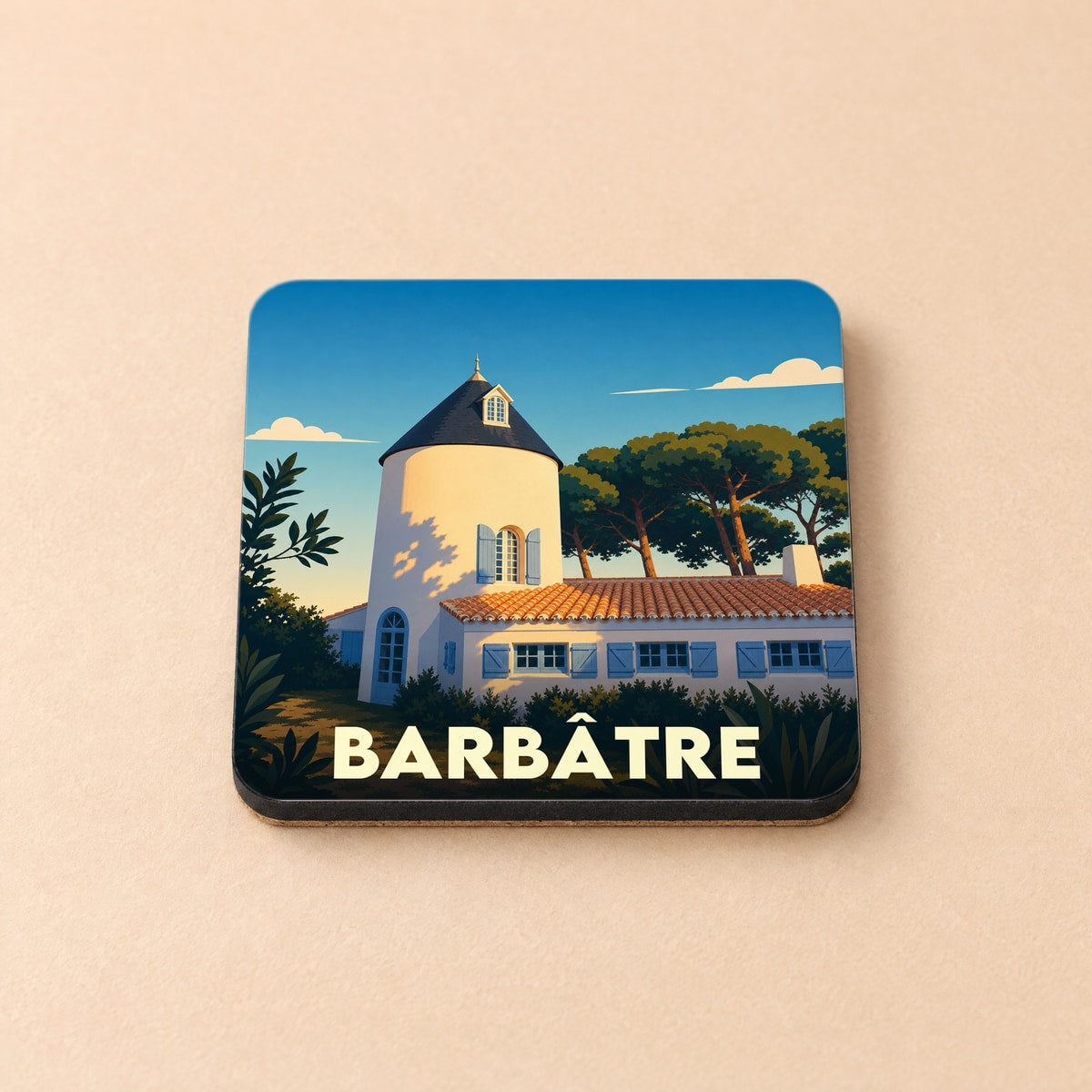 Dessous de verre souvenir de la ville de Barbâtre avec une illustration stylisée d'un moulin blanc.