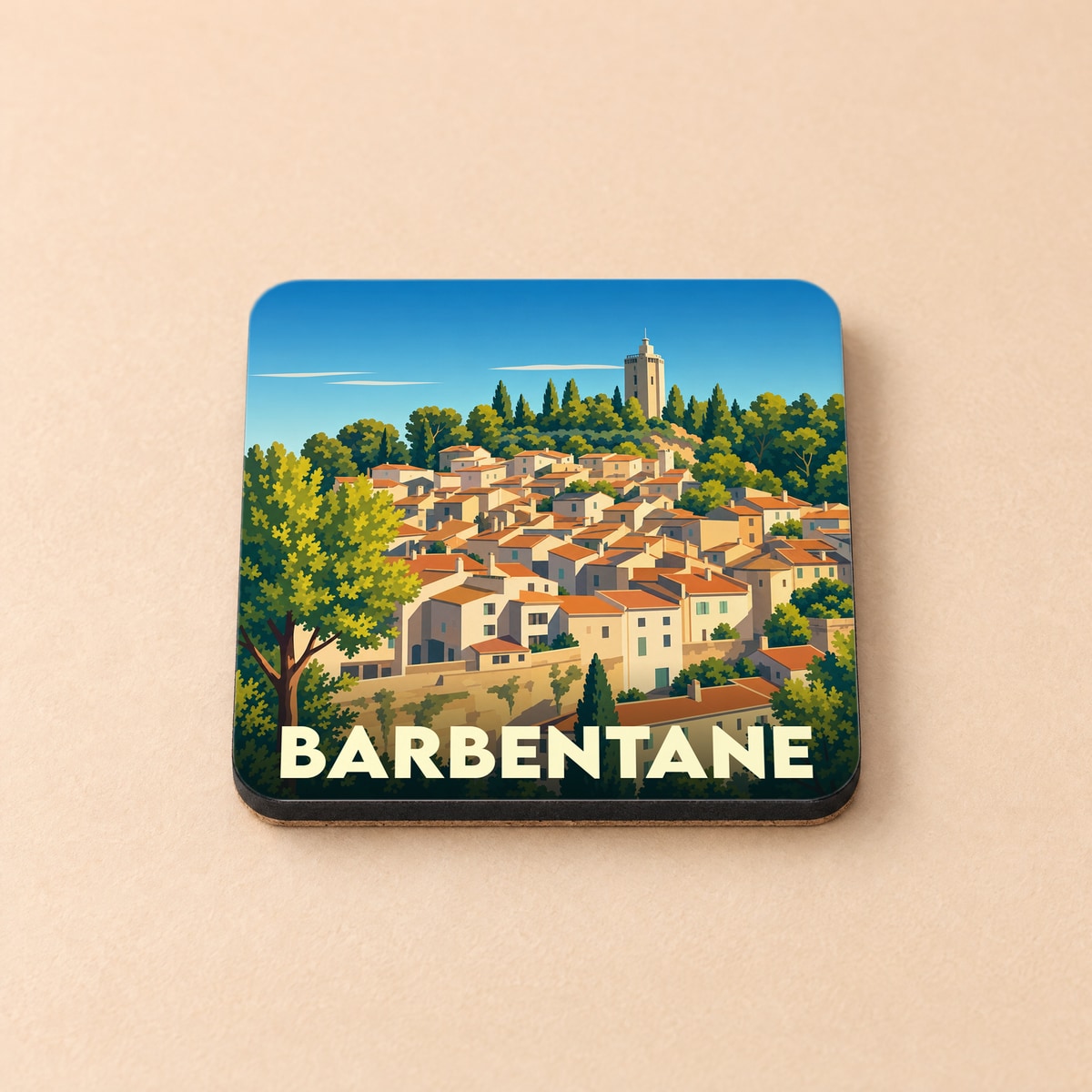 Dessous de verre souvenir de la ville de Barbentane avec une illustration stylisée.