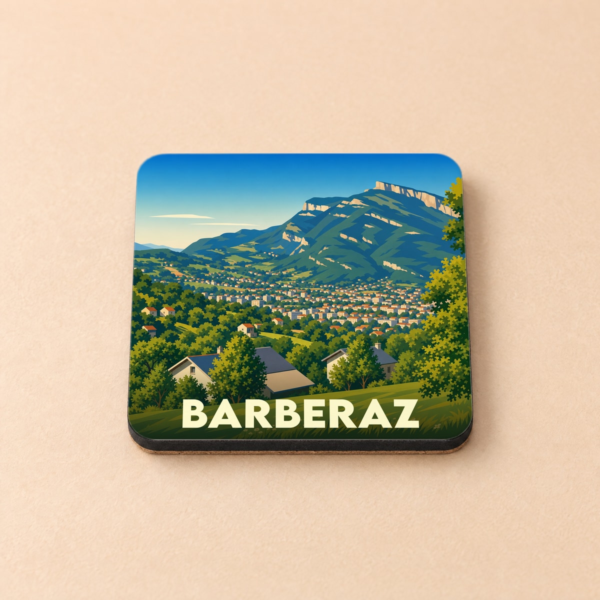 Dessous de verre souvenir de la ville de Barberaz avec une illustration stylisée de montagne.