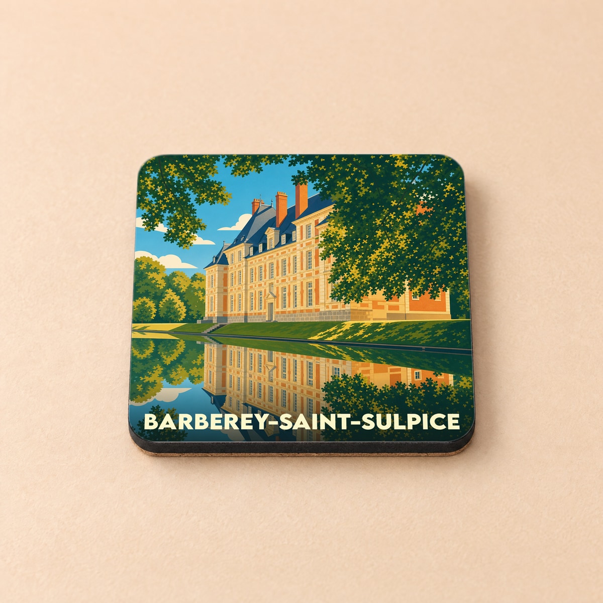 Dessous de verre souvenir de la ville de Barberey-Saint-Sulpice avec une illustration stylisée de son château se reflétant dans l'eau.