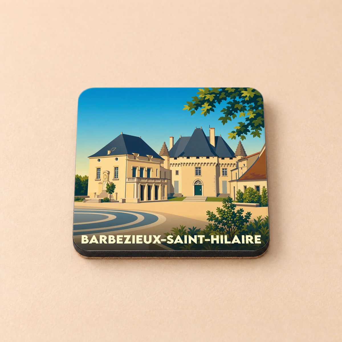 Dessous de verre souvenir de la ville de Barbezieux-Saint-Hilaire avec une illustration stylisée de son château.