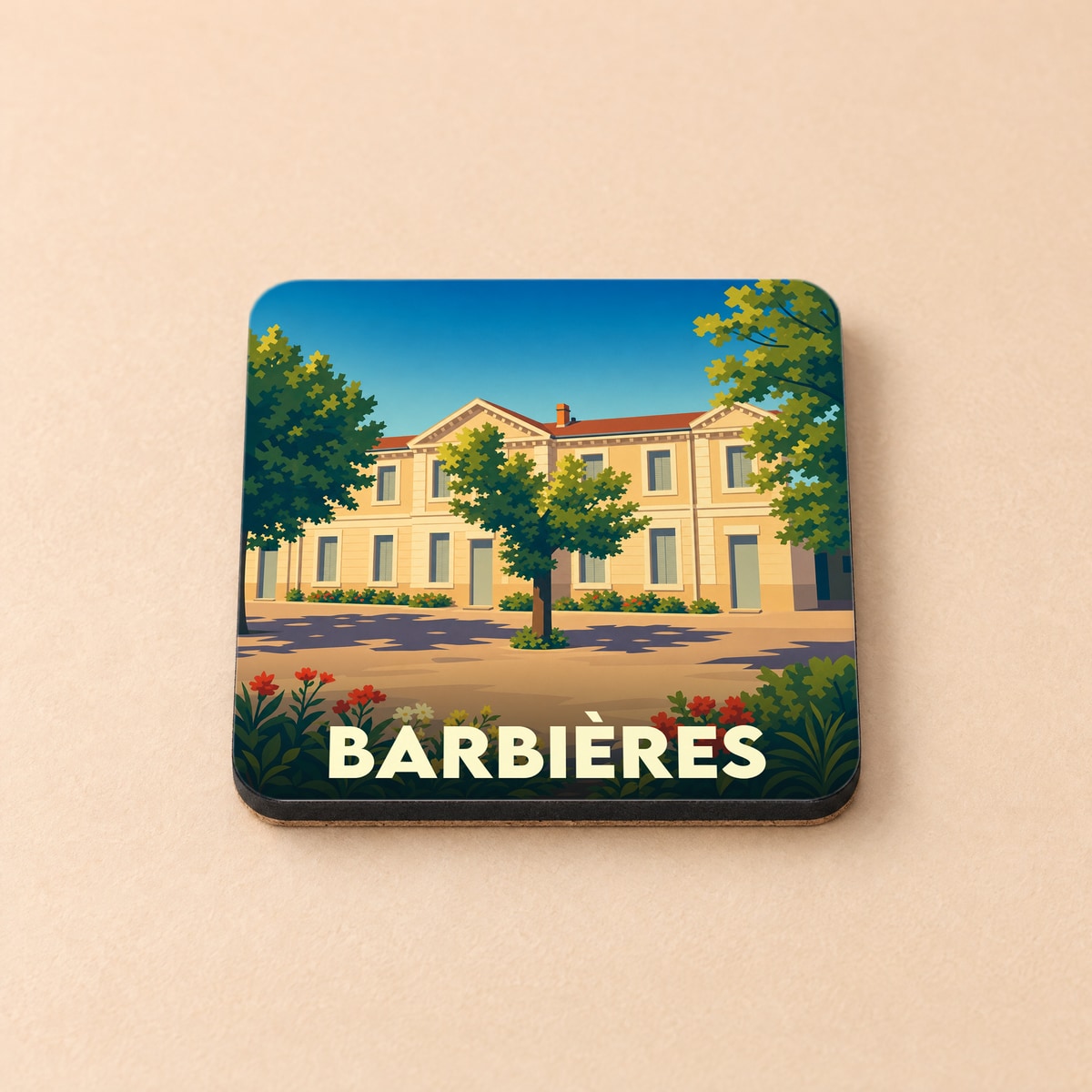 Dessous de verre souvenir de la ville de Barbières avec une illustration stylisée d'un bâtiment ensoleillé.