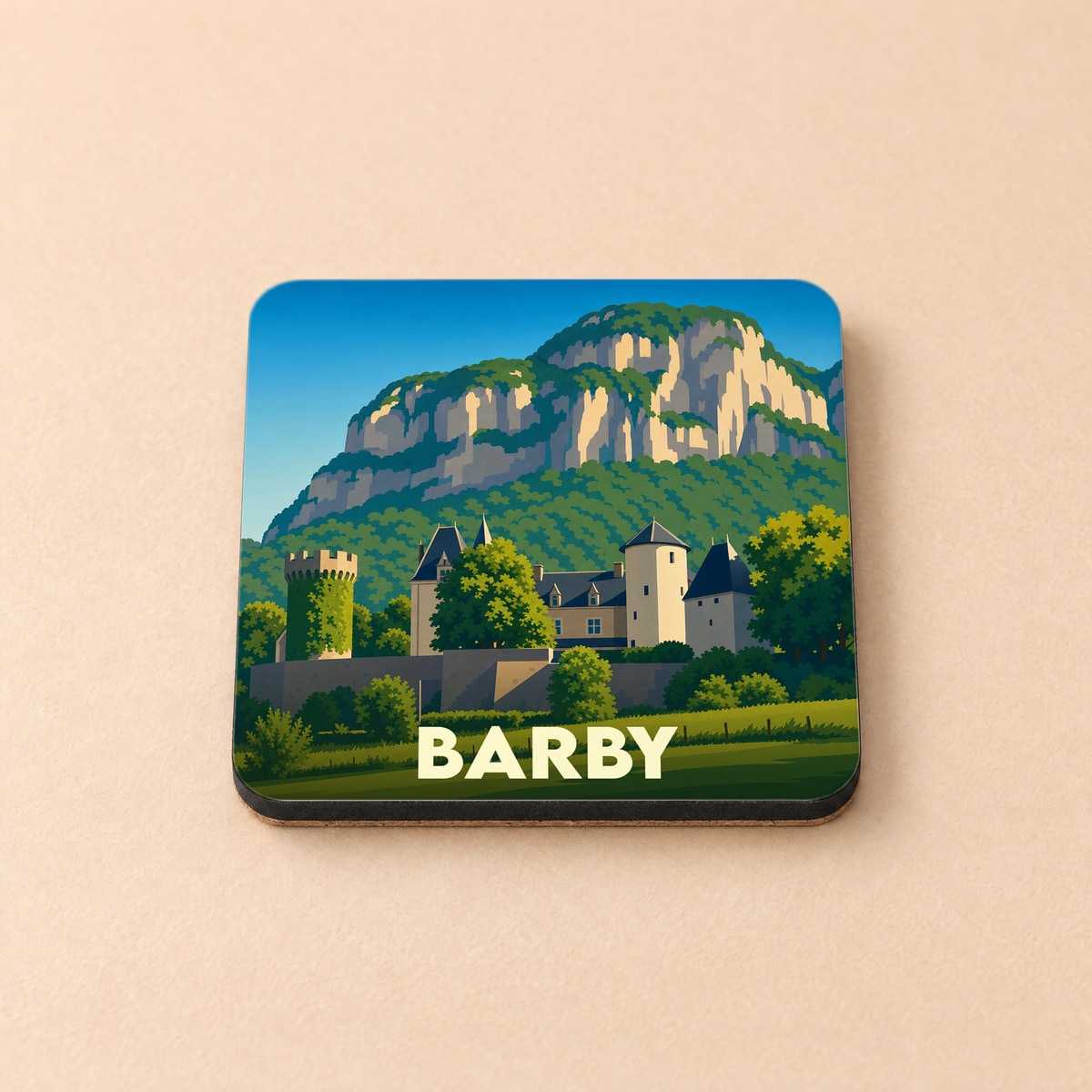 Dessous de verre souvenir de la ville de Barby illustrant son château et ses falaises environnantes dans un style graphique épuré.