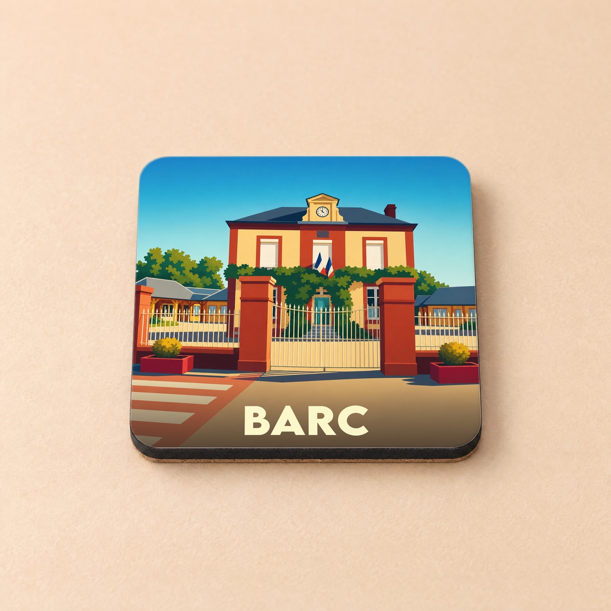 Dessous de verre souvenir de la ville de Barc avec une illustration stylisée de sa mairie.