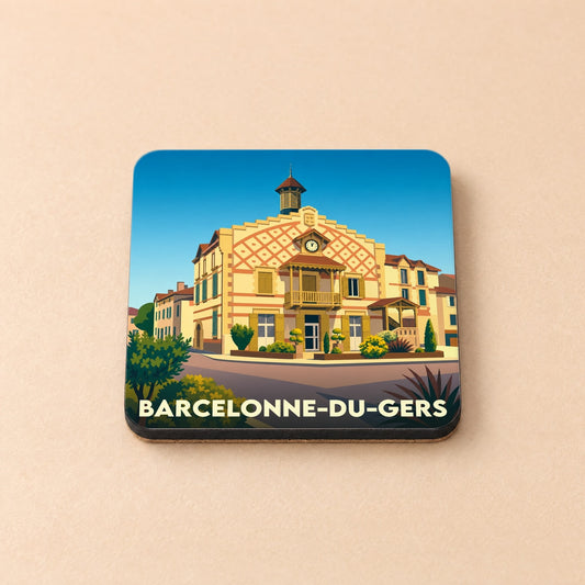 Dessous de verre souvenir de la ville de Barcelonne-du-Gers avec une illustration stylisée de sa mairie.