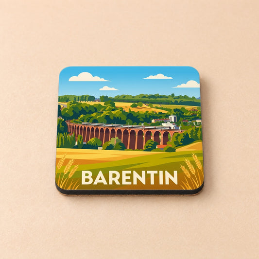 Dessous de verre souvenir de la ville de Barentin avec une illustration stylisée de son viaduc ferroviaire.