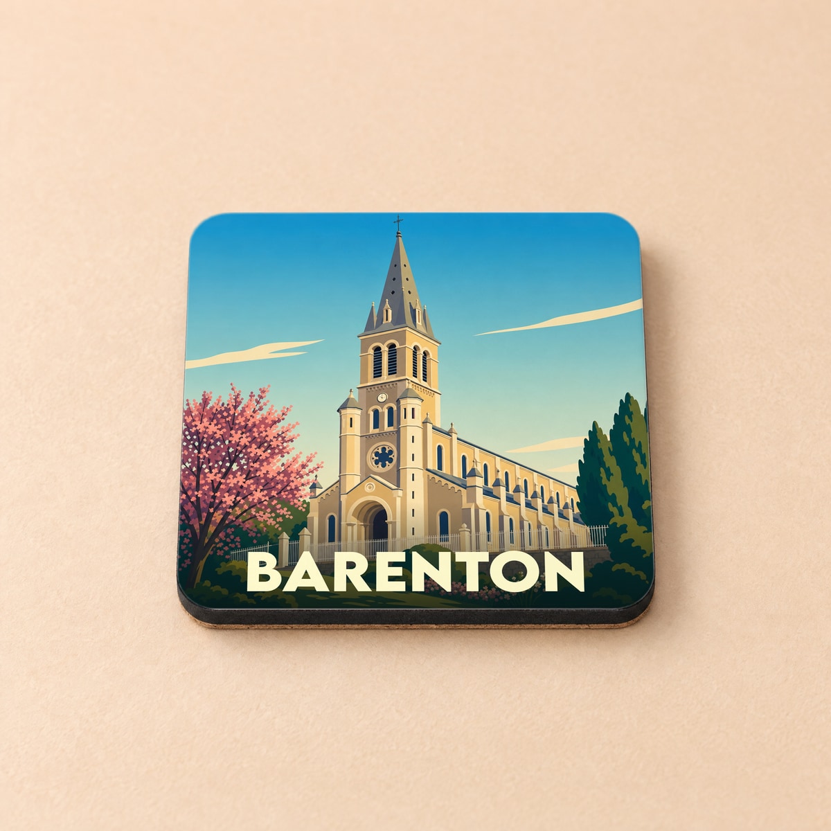 Dessous de verre souvenir de la ville de Barenton avec une illustration stylisée de son église.
