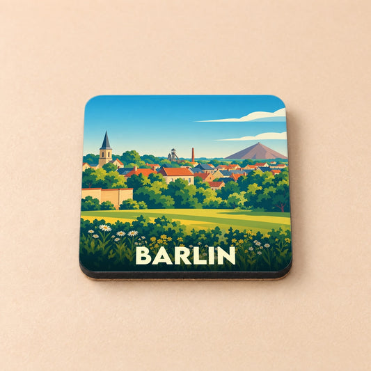 Dessous de verre souvenir de la ville de Barlin avec une illustration stylisée d'un paysage urbain et minéral.