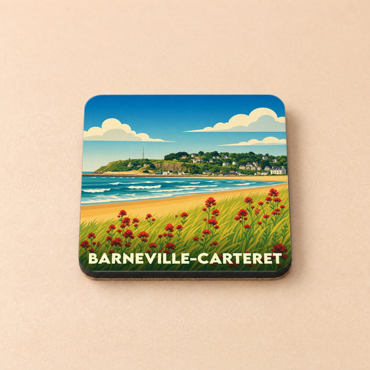 Dessous de verre souvenir de Barneville-Carteret illustré par une vue stylisée de la plage et du cap.