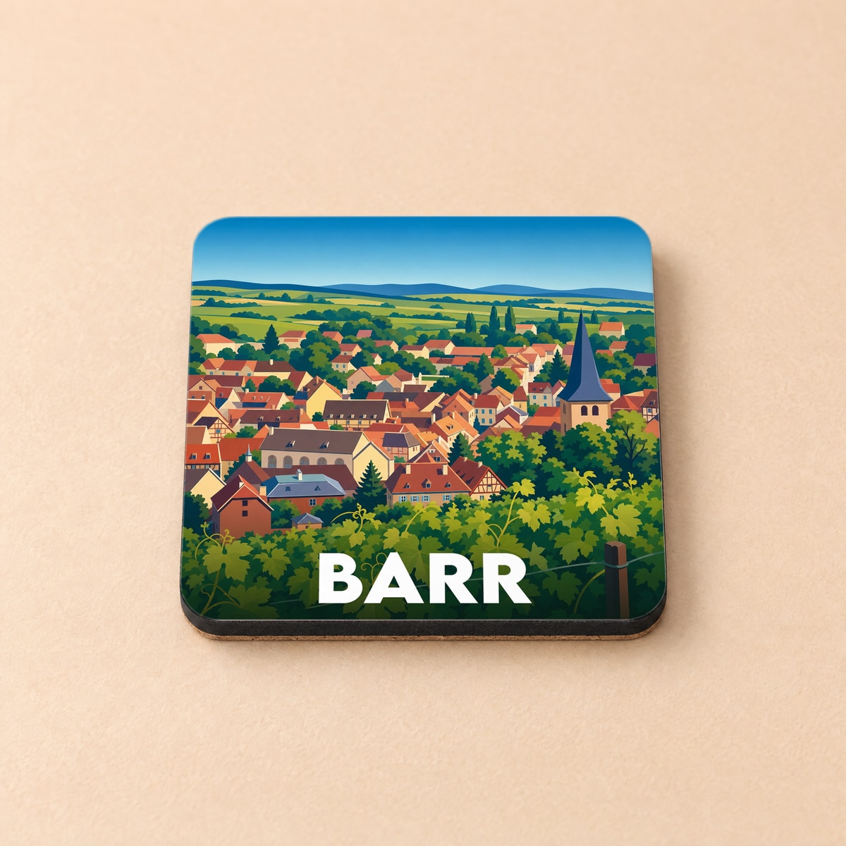 Dessous de verre souvenir de la ville de Barr avec une illustration stylisée.