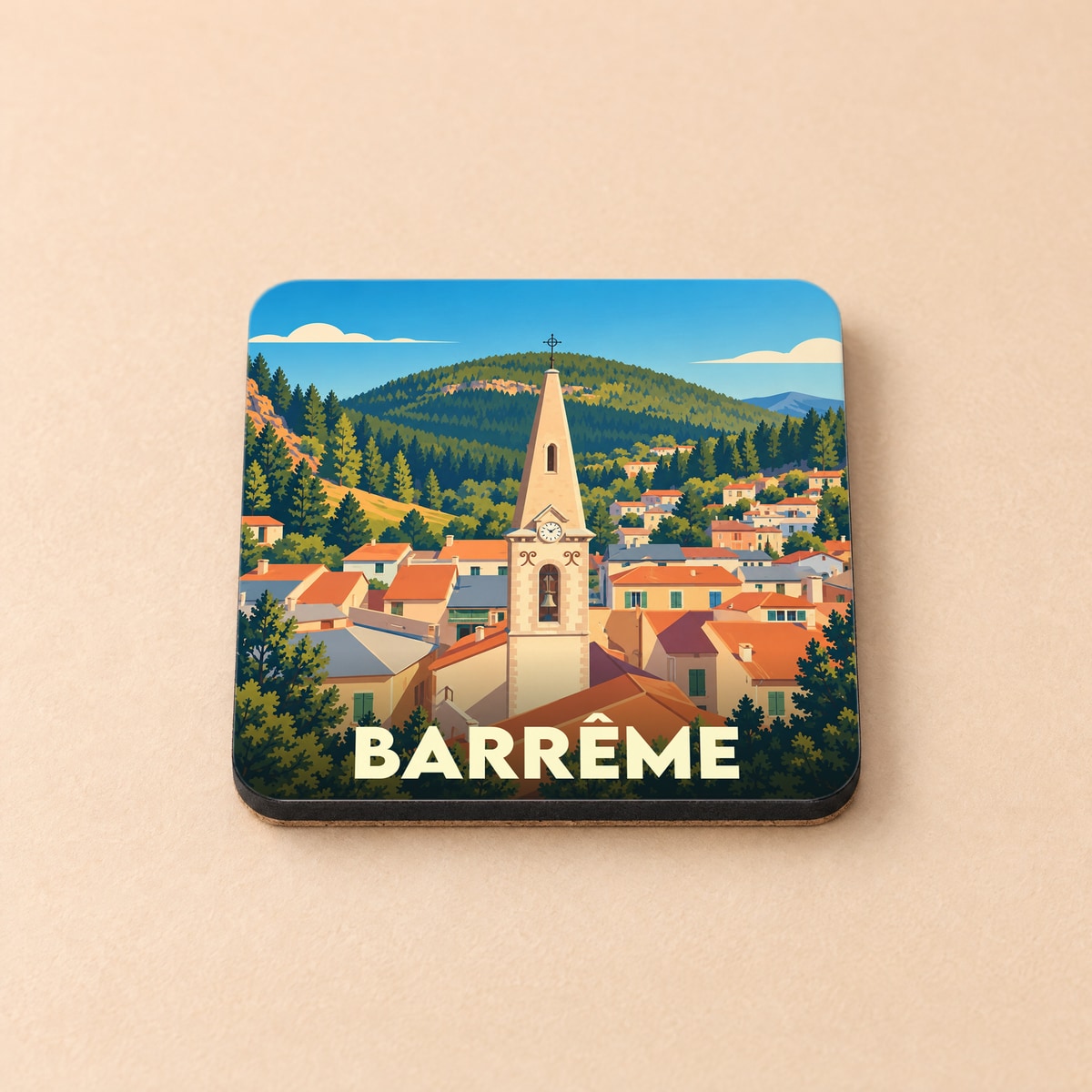 Dessous de verre souvenir de la ville de Barrême avec une illustration stylisée.