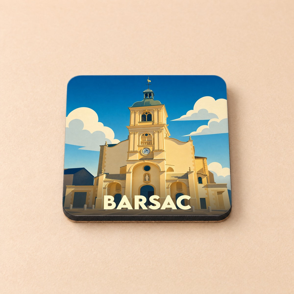 Dessous de verre souvenir de la ville de Barsac avec une illustration stylisée de son église.