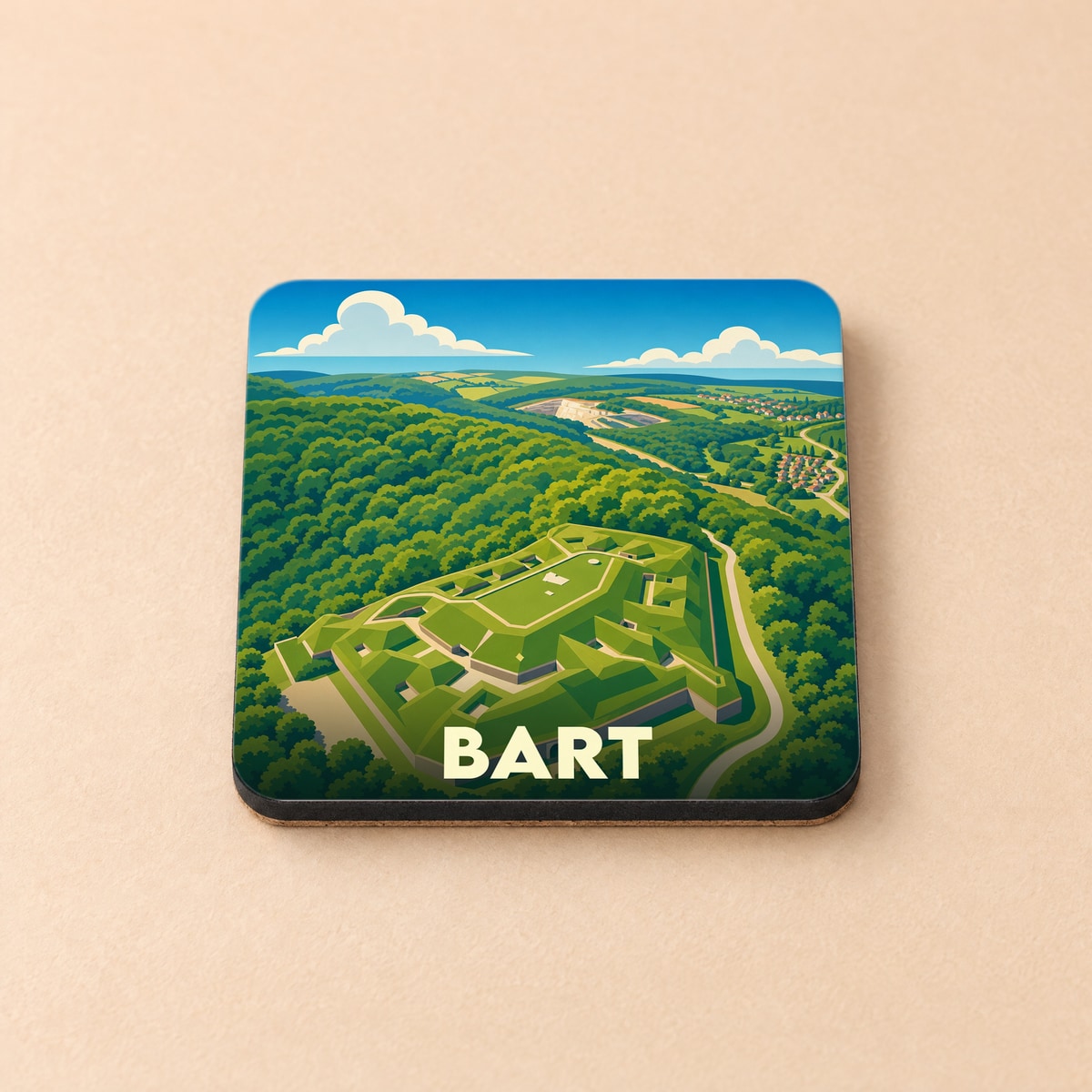 Dessous de verre souvenir de la ville de Bart avec une illustration stylisée représentant un fort entouré de forêts.