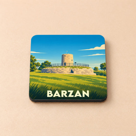 Dessous de verre souvenir de la ville de Barzan avec une illustration stylisée de sa tour.