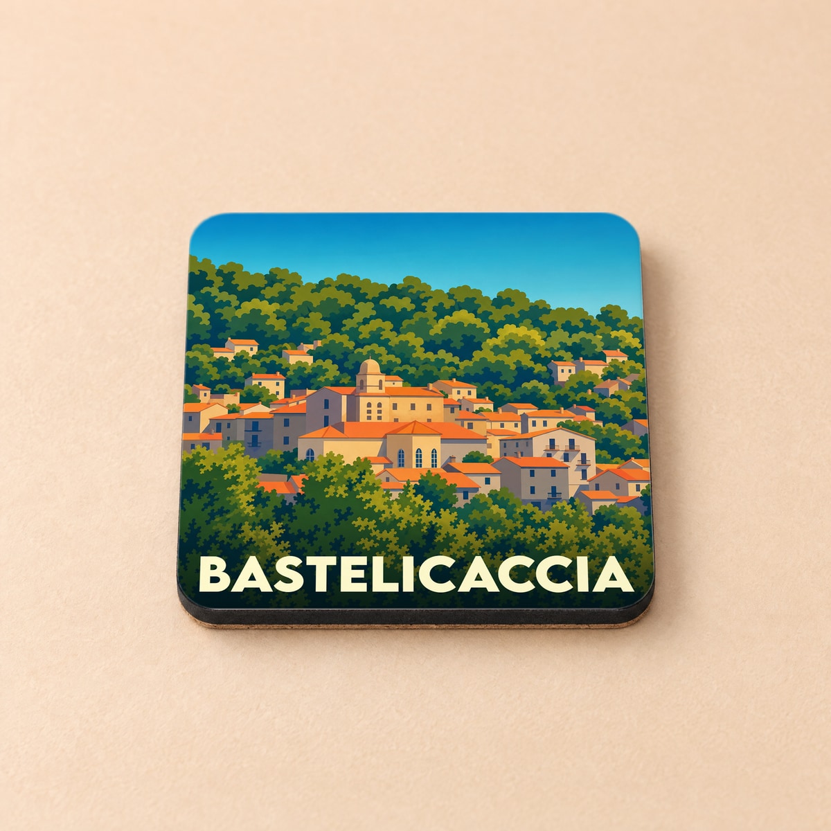 Dessous de verre souvenir de la ville de Bastelicaccia avec une illustration stylisée d'un village corse niché dans la verdure.