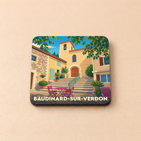 Dessous de verre souvenir de la ville de Baudinard-sur-Verdon avec une illustration stylisée.