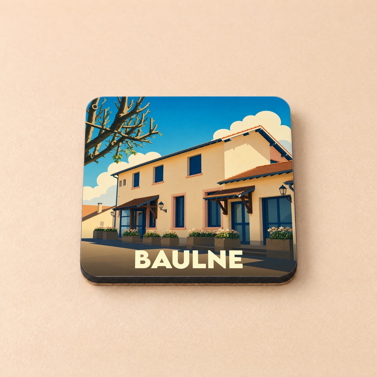 Dessous de verre souvenir de la ville de Baulne avec une illustration stylisée d'une maison ensoleillée.