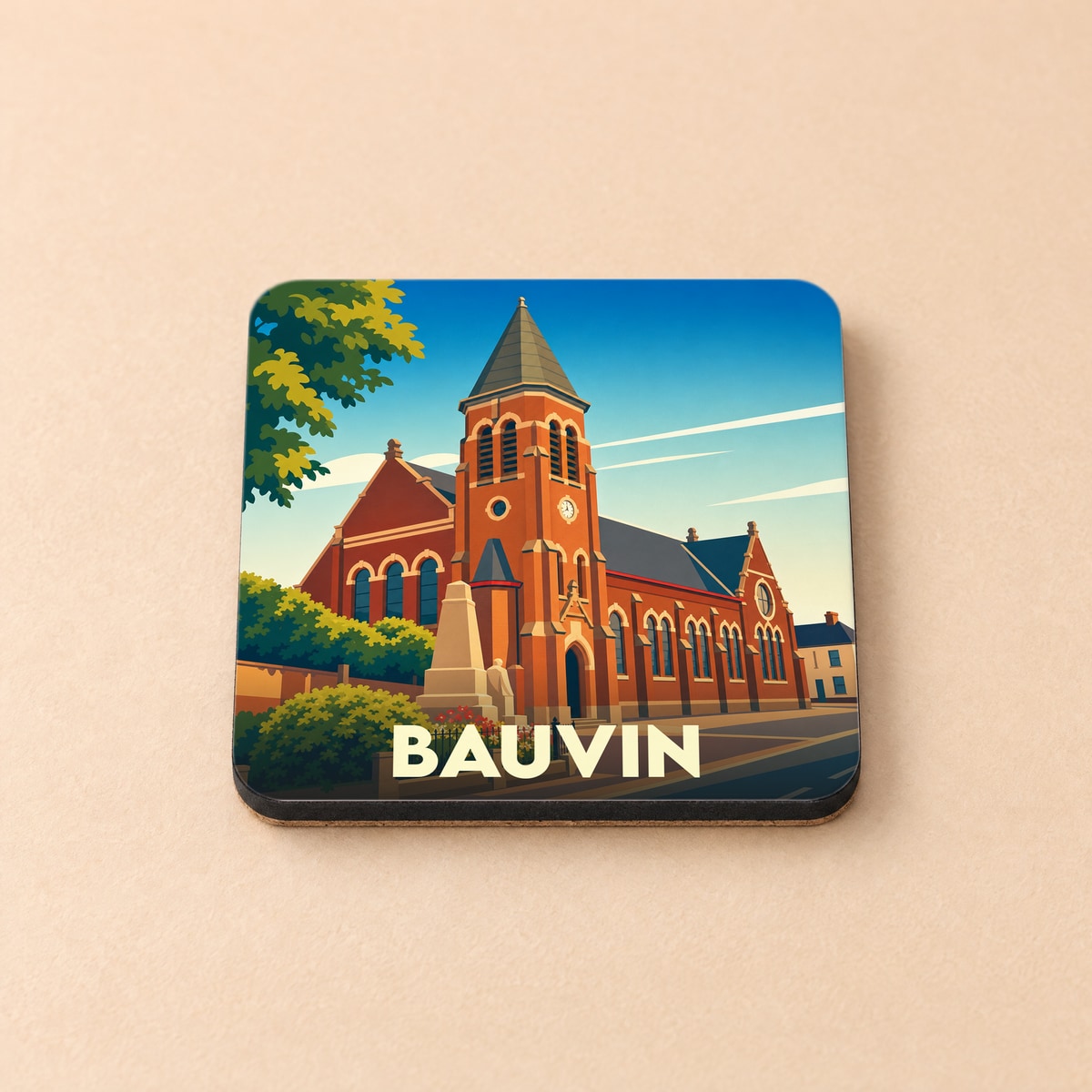 Dessous de verre souvenir de la ville de Bauvin avec une illustration stylisée de son église en briques rouges.