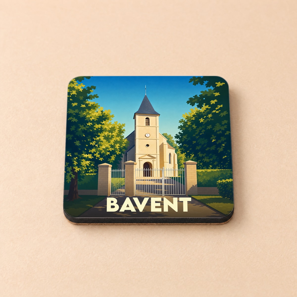 Dessous de verre souvenir de la ville de Bavent avec une illustration stylisée de son église.