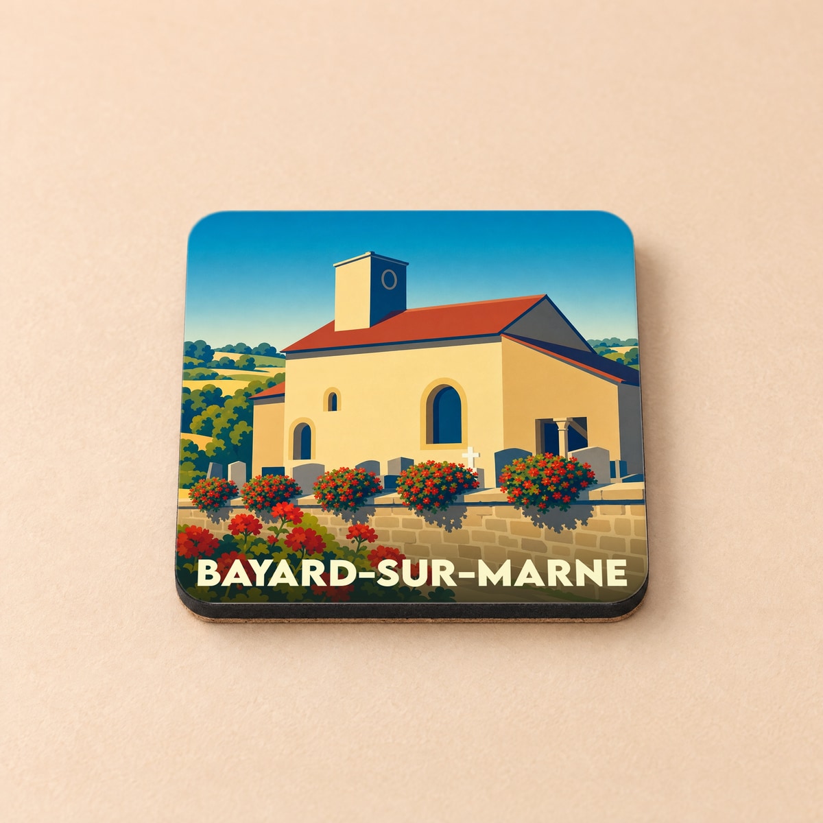 Dessous de verre souvenir de la ville de Bayard-sur-Marne avec une illustration stylisée de son église et de son paysage.