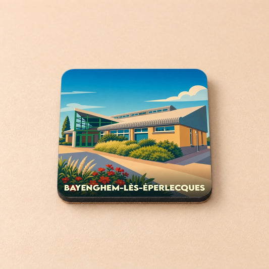 Dessous de verre souvenir de la ville de Bayenghem-lès-Éperlecques avec une illustration stylisée.