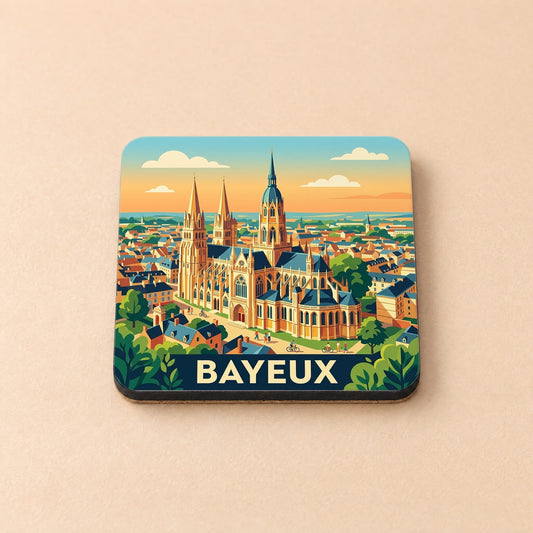 Dessous de verre souvenir de la ville de Bayeux orné d'une illustration stylisée de sa cathédrale.