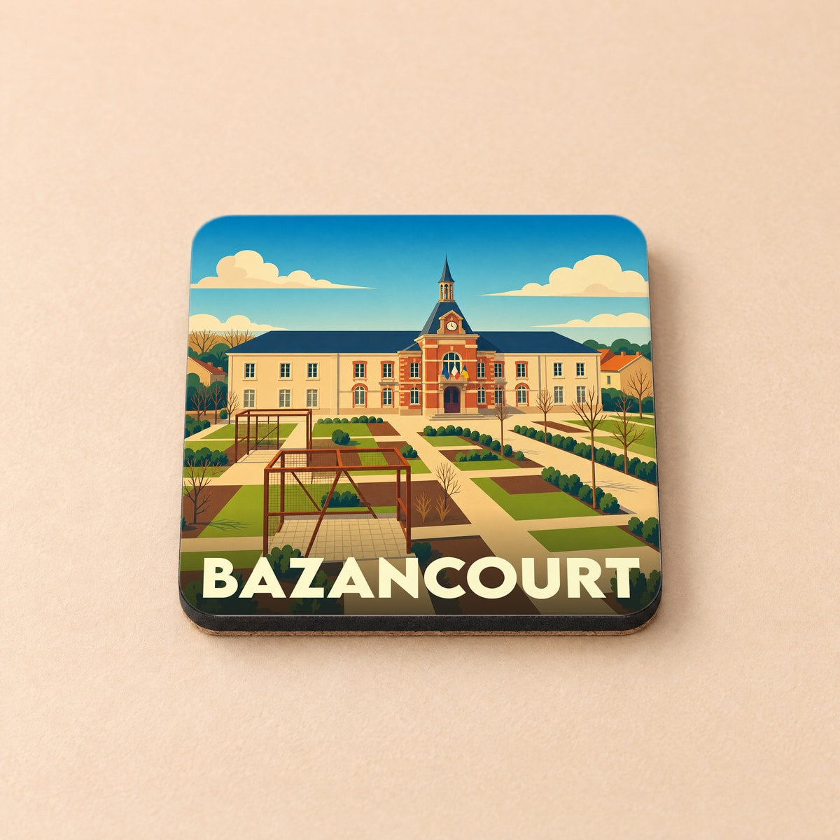 Dessous de verre souvenir de la ville de Bazancourt avec une illustration stylisée de son hôtel de ville et de ses jardins.