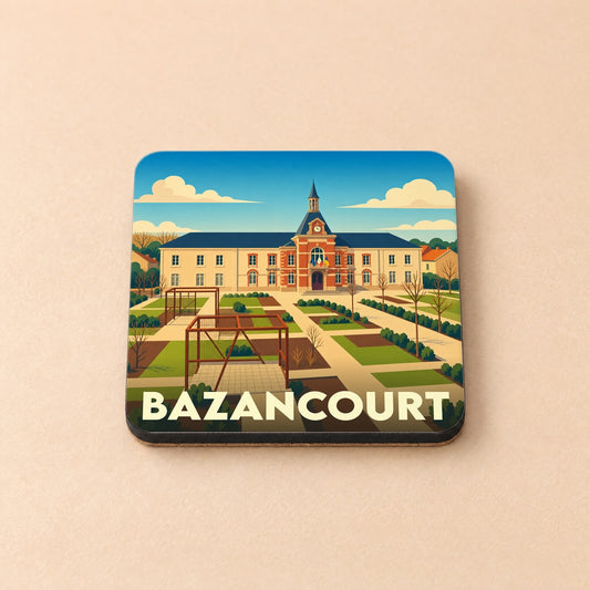 Dessous de verre souvenir de la ville de Bazancourt avec une illustration stylisée de son hôtel de ville et de ses jardins.