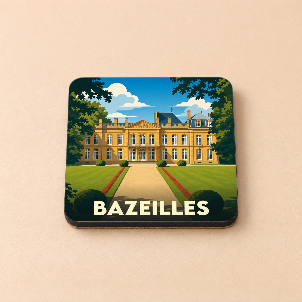 Dessous de verre souvenir de la ville de Bazeilles avec une illustration stylisée de son château.