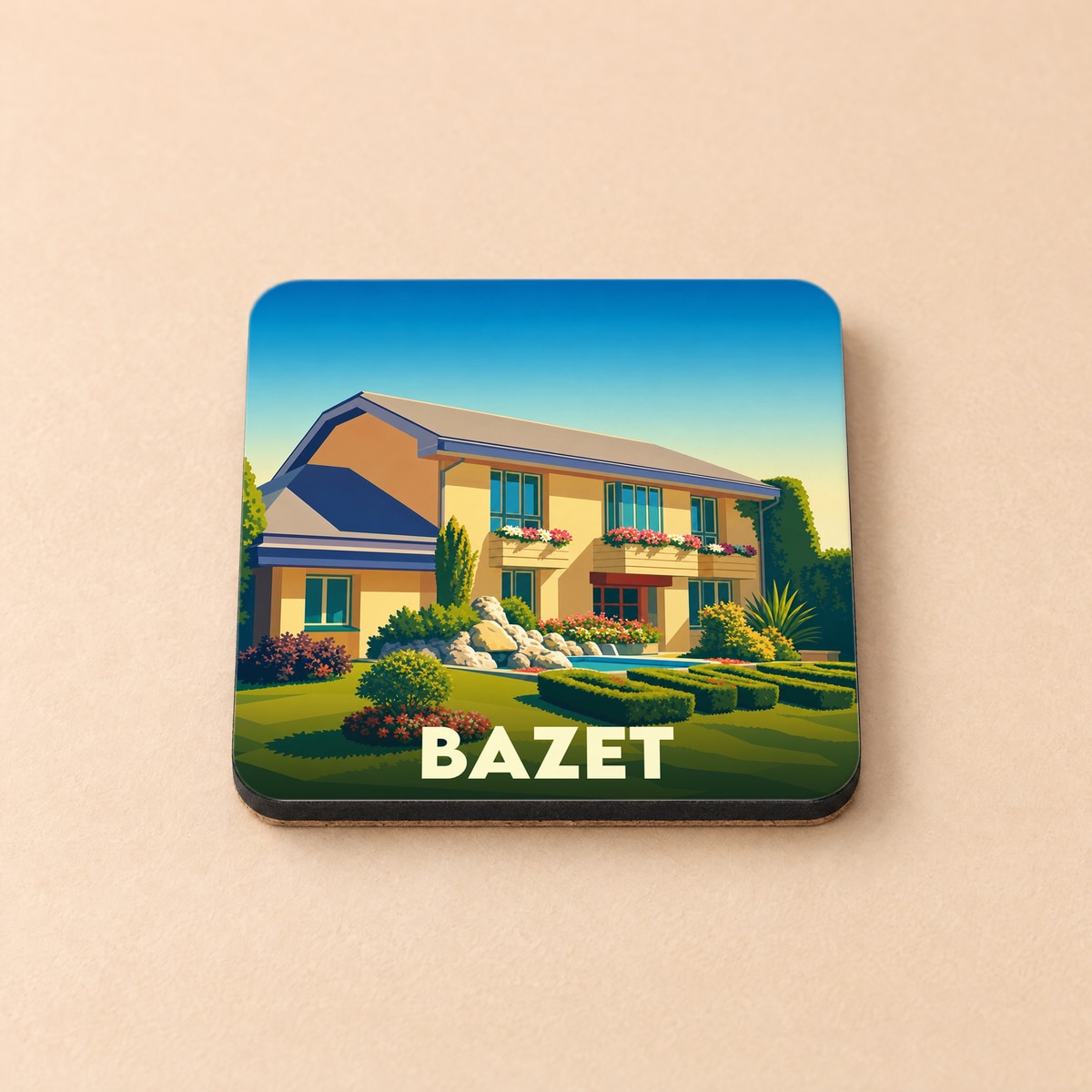 Dessous de verre souvenir de la ville de Bazet avec une illustration stylisée d'une maison fleurie.