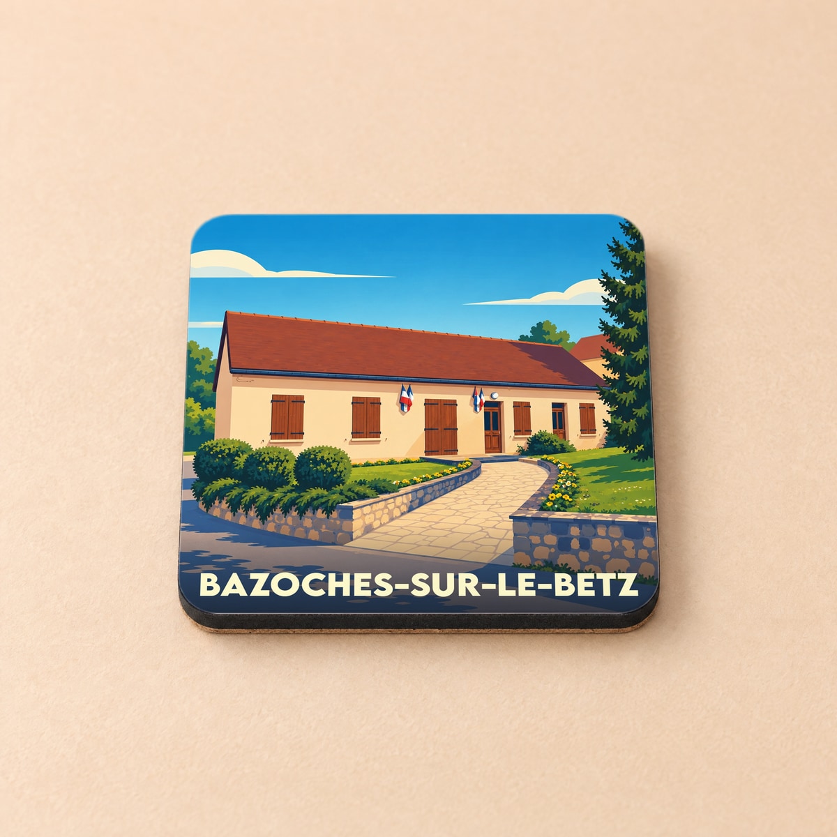 Dessous de verre souvenir de la ville de Bazoches-sur-le-Betz avec une illustration stylisée de la mairie.