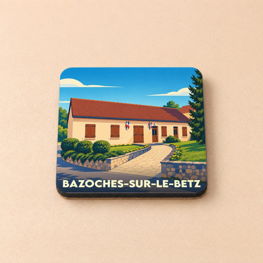 Dessous de verre souvenir de la ville de Bazoches-sur-le-Betz avec une illustration stylisée de la mairie.