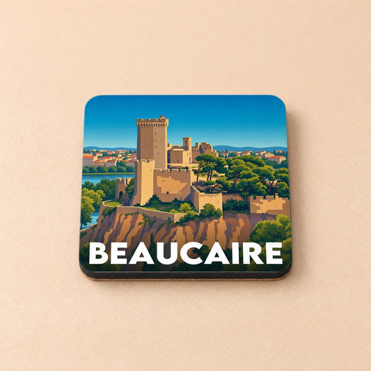 Dessous de verre souvenir de la ville de Beaucaire avec une illustration stylisée de son château médiéval.
