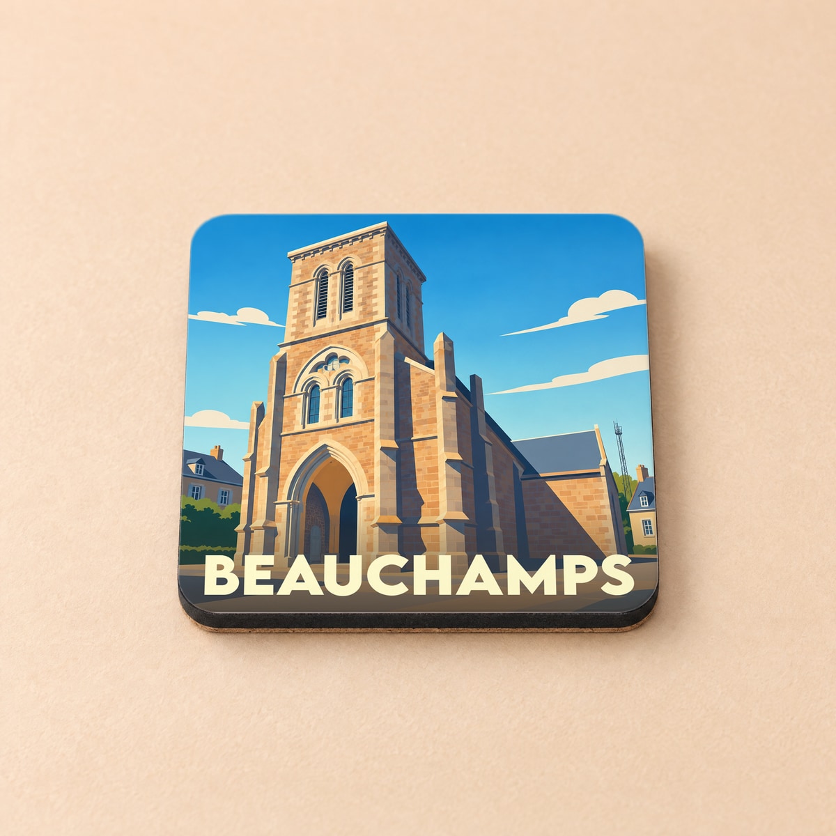 Dessous de verre souvenir de la ville de Beauchamps avec une illustration stylisée de son église.
