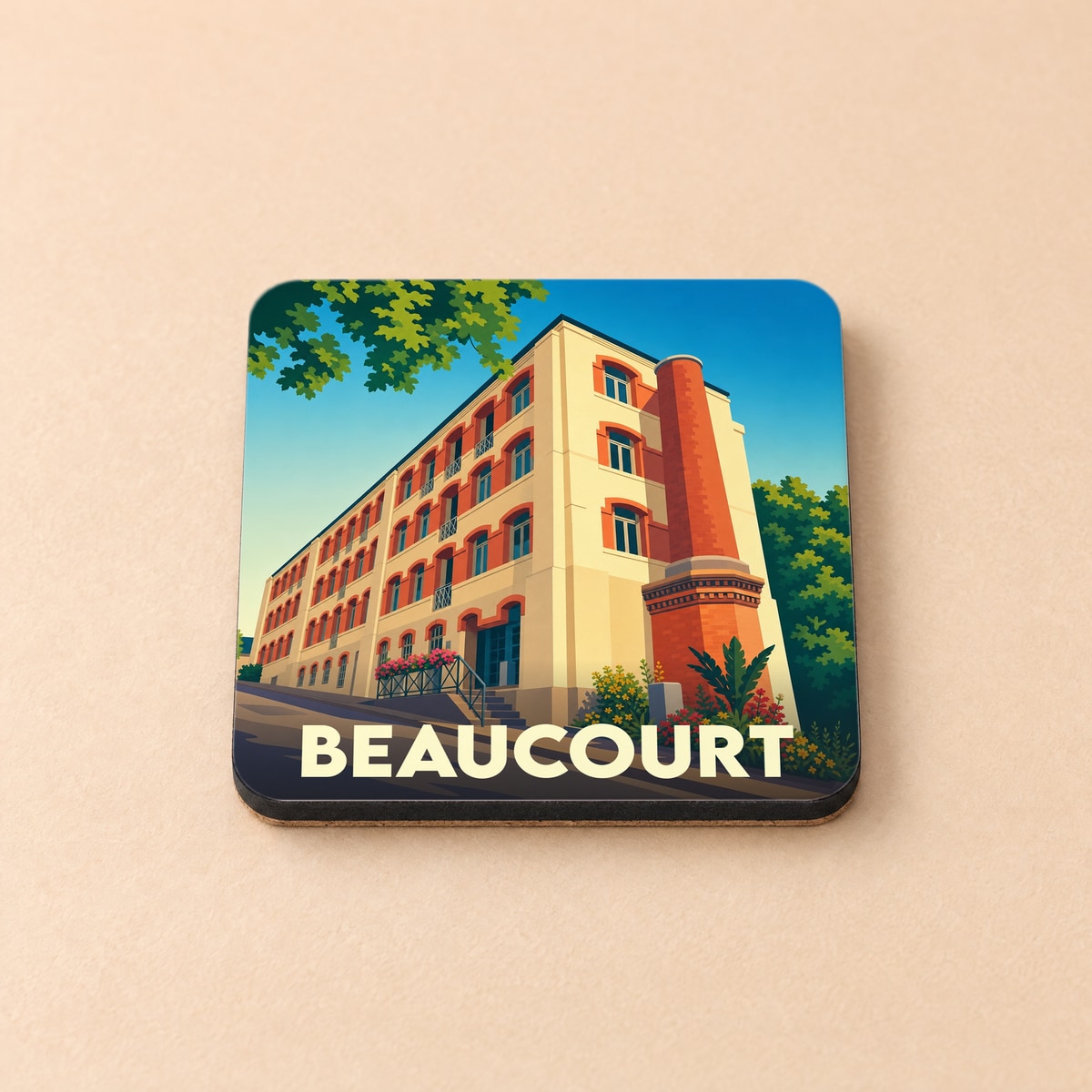 Dessous de verre souvenir de la ville de Beaucourt avec une illustration stylisée d'un bâtiment industriel historique.
