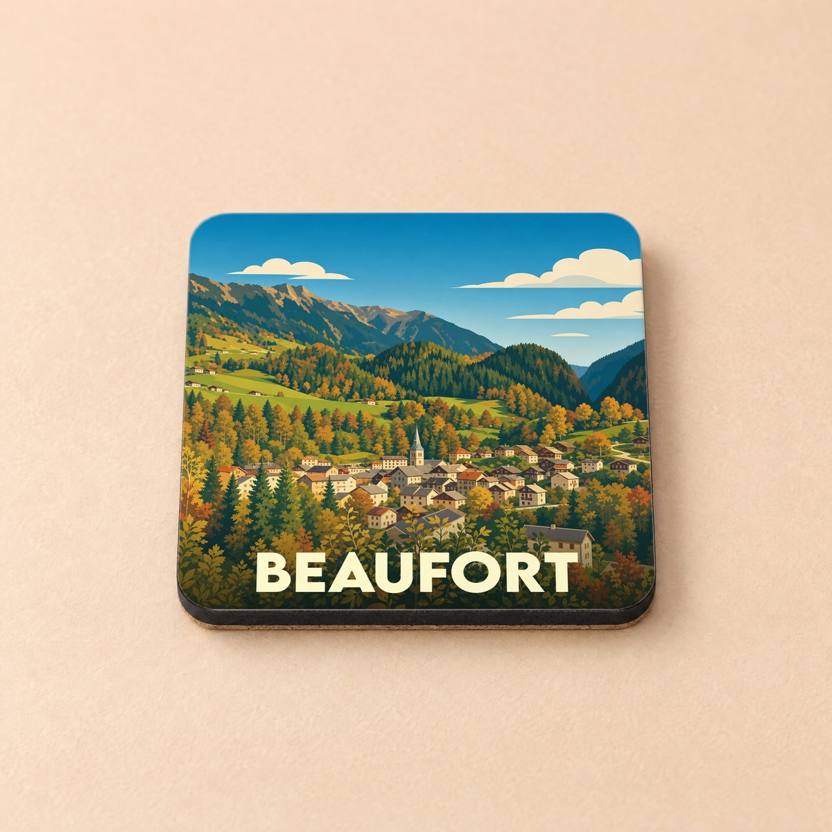 Dessous de verre souvenir de la ville de Beaufort avec une illustration stylisée de son village et de ses montagnes.