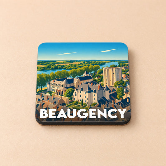 Dessous de verre souvenir de la ville de Beaugency avec une illustration stylisée de son patrimoine historique en bord de Loire.