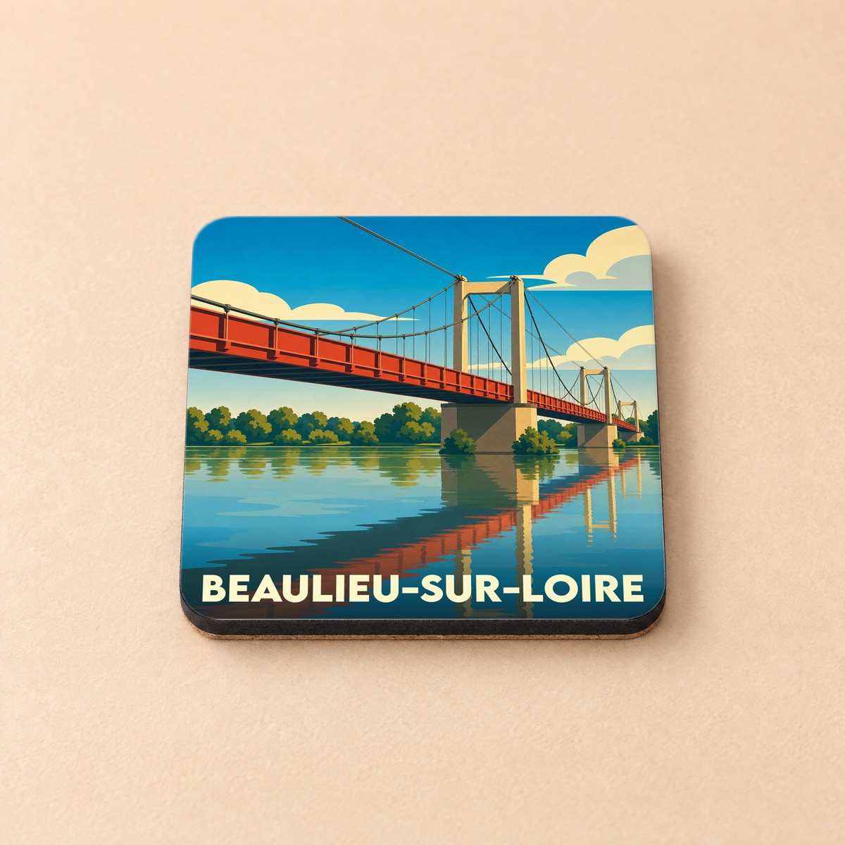 Dessous de verre souvenir de Beaulieu-sur-Loire avec une illustration stylisée de son pont suspendu.