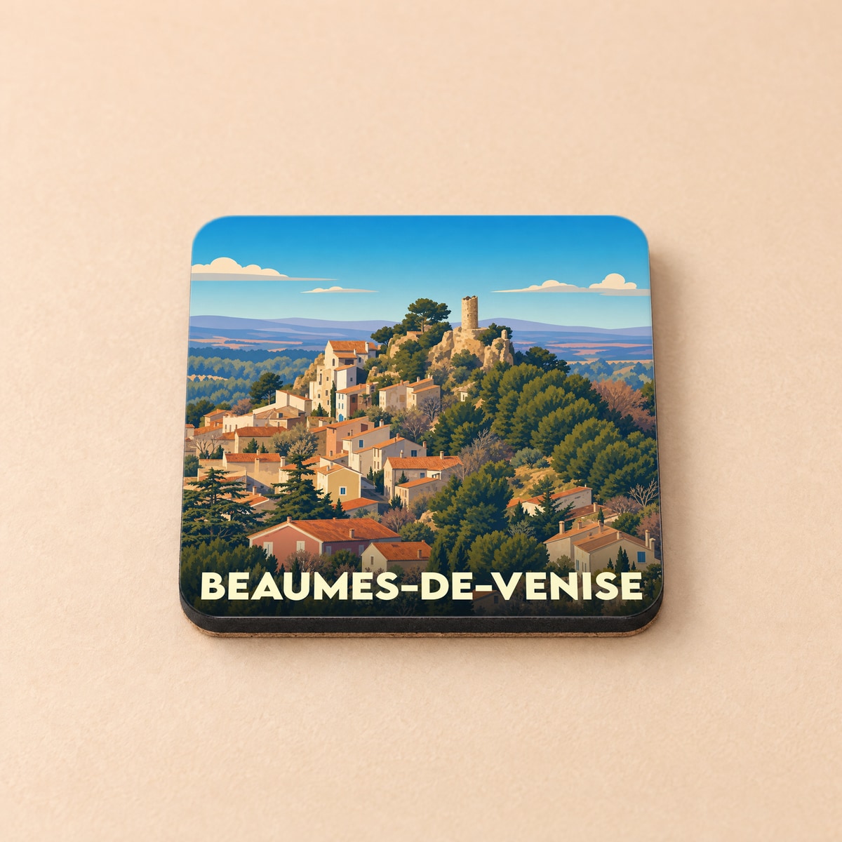 Dessous de verre souvenir de la ville de Beaumes-de-Venise avec une illustration stylisée.