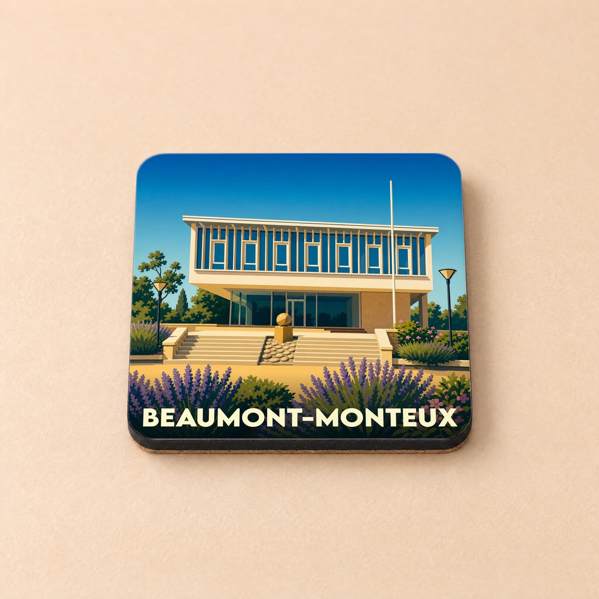 Dessous de verre souvenir de la ville de Beaumont-Monteux avec une illustration stylisée de son architecture moderne.