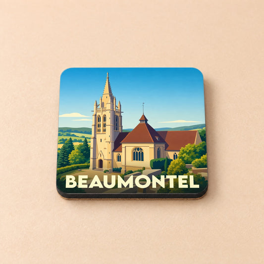 Dessous de verre souvenir de la ville de Beaumontel avec une illustration stylisée de son église et de ses paysages vallonnés.
